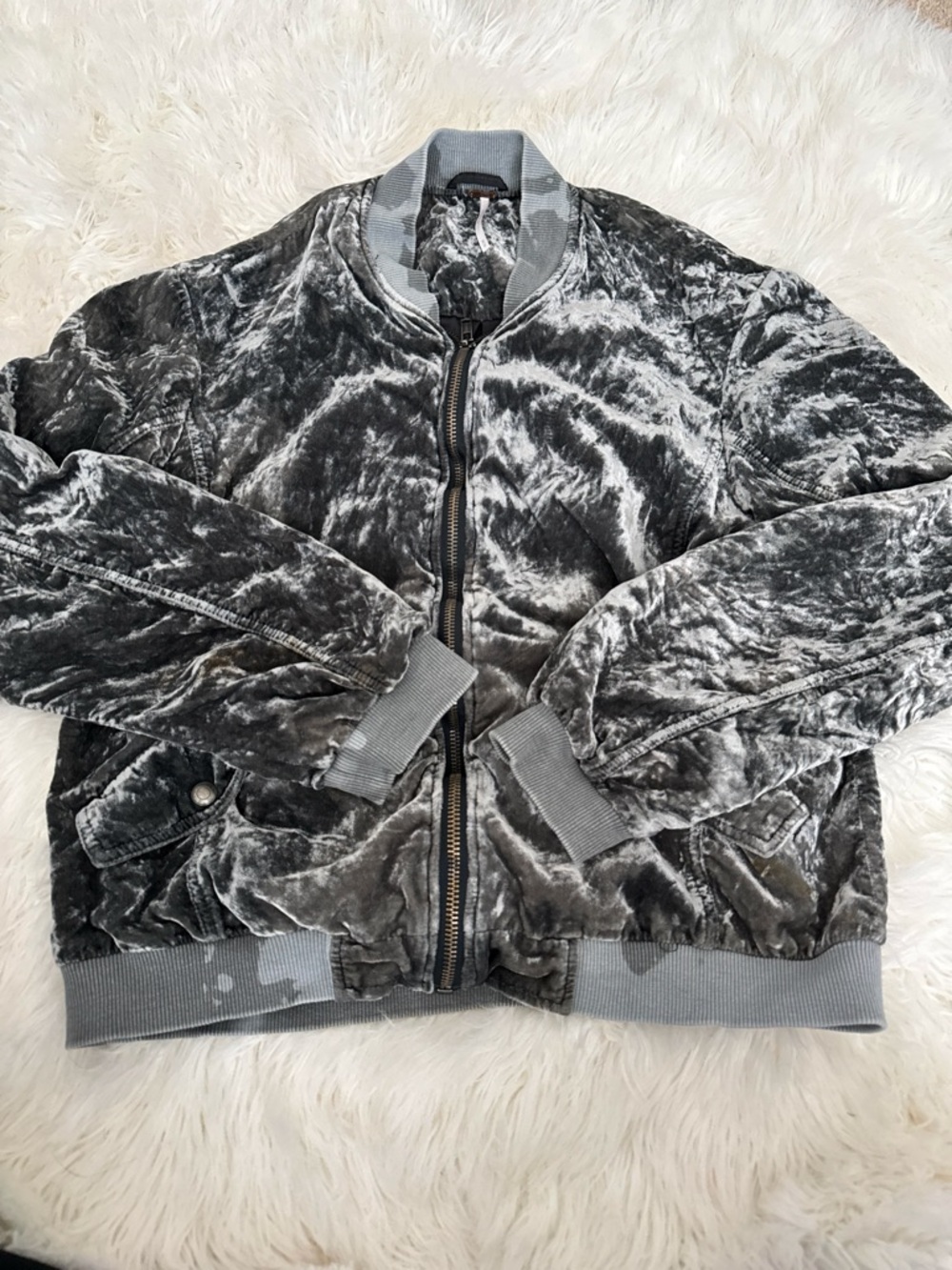 Free People Crushed Velvet Bomber Jacket - Charcoal Gray
